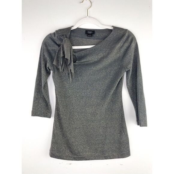 DELETTA Anthropologie Gray Metallic Shirt S Keyhole Bow 3/4‎ Sleeve Stretch Size - Picture 2 of 8